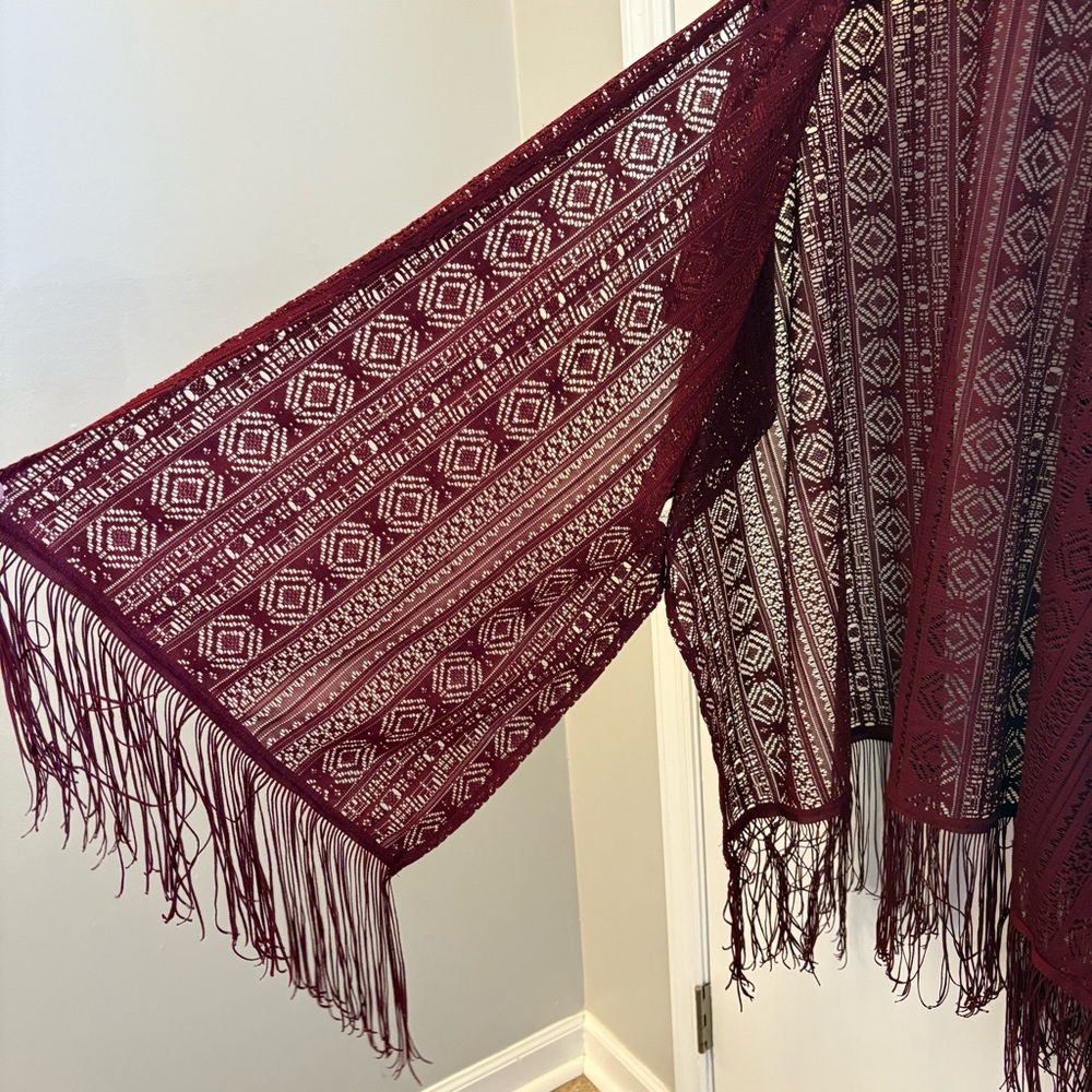 Lane Bryant Burgandy Red Knitted Poncho Kimono with Fringe and Wide Sleeves